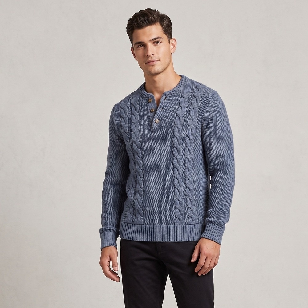 Banana Republic Mens Small Blue Sweater Henley Cable Knit Cotton Mock Neck